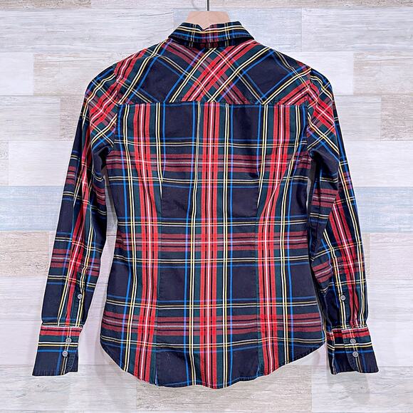 J CREW Slim Stretch Perfect Shirt Black Stewart Plaid Button Down Work Womens 2 - Picture 3 of 7
